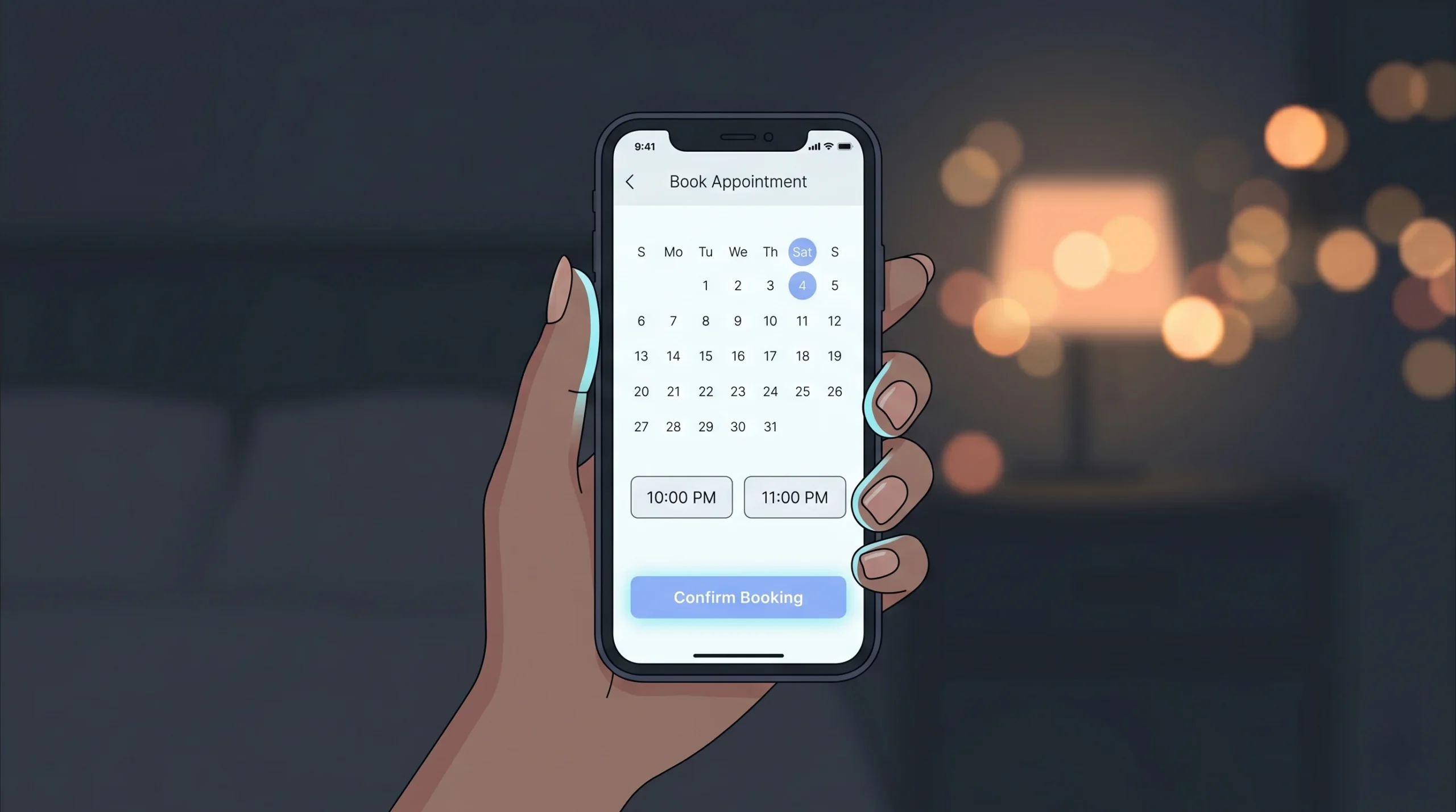 Woman booking a hair salon appointment online at night on her smartphone — 70% of salon bookings happen after hours