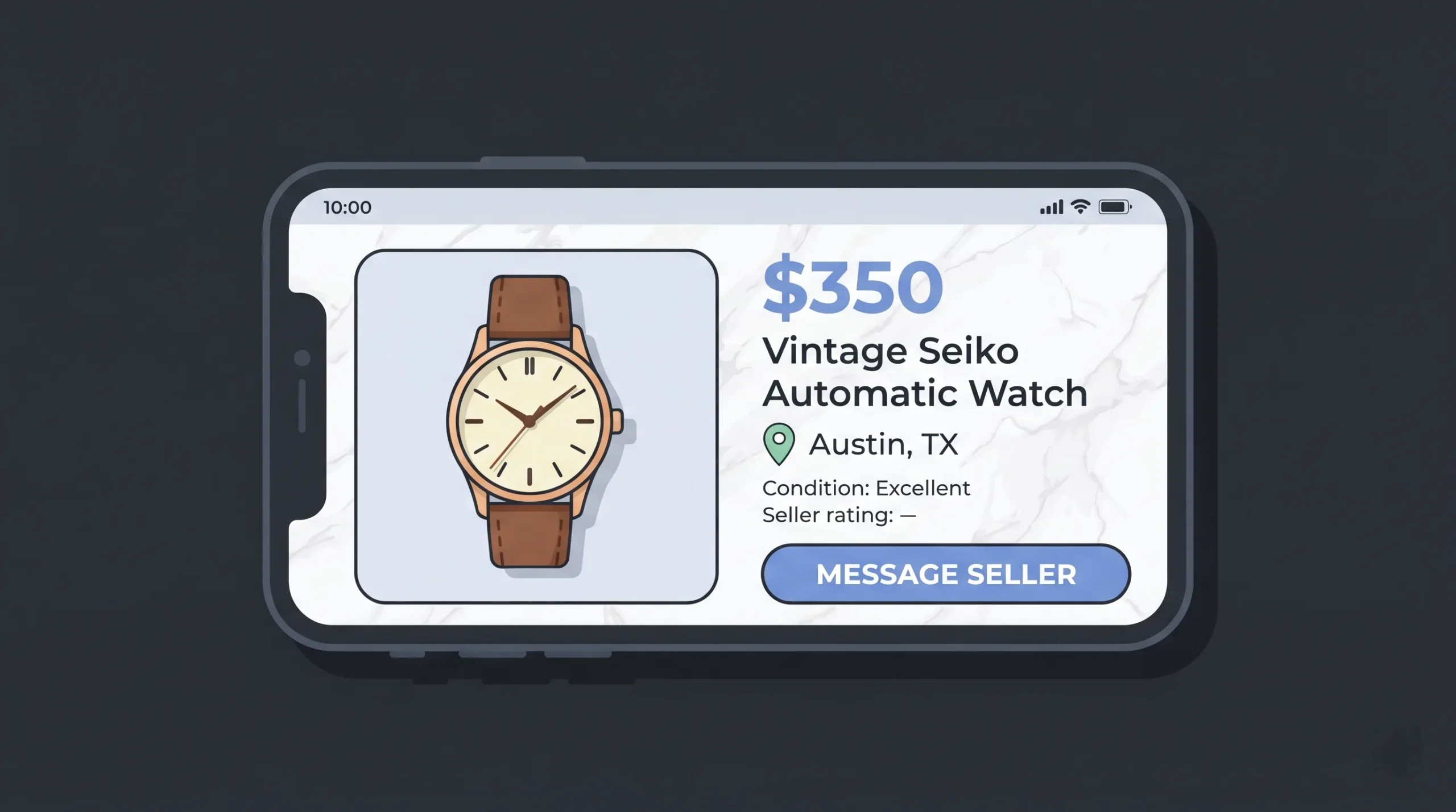 Smartphone displaying a mobile-optimized classified ad listing page with product photo, price, and contact button