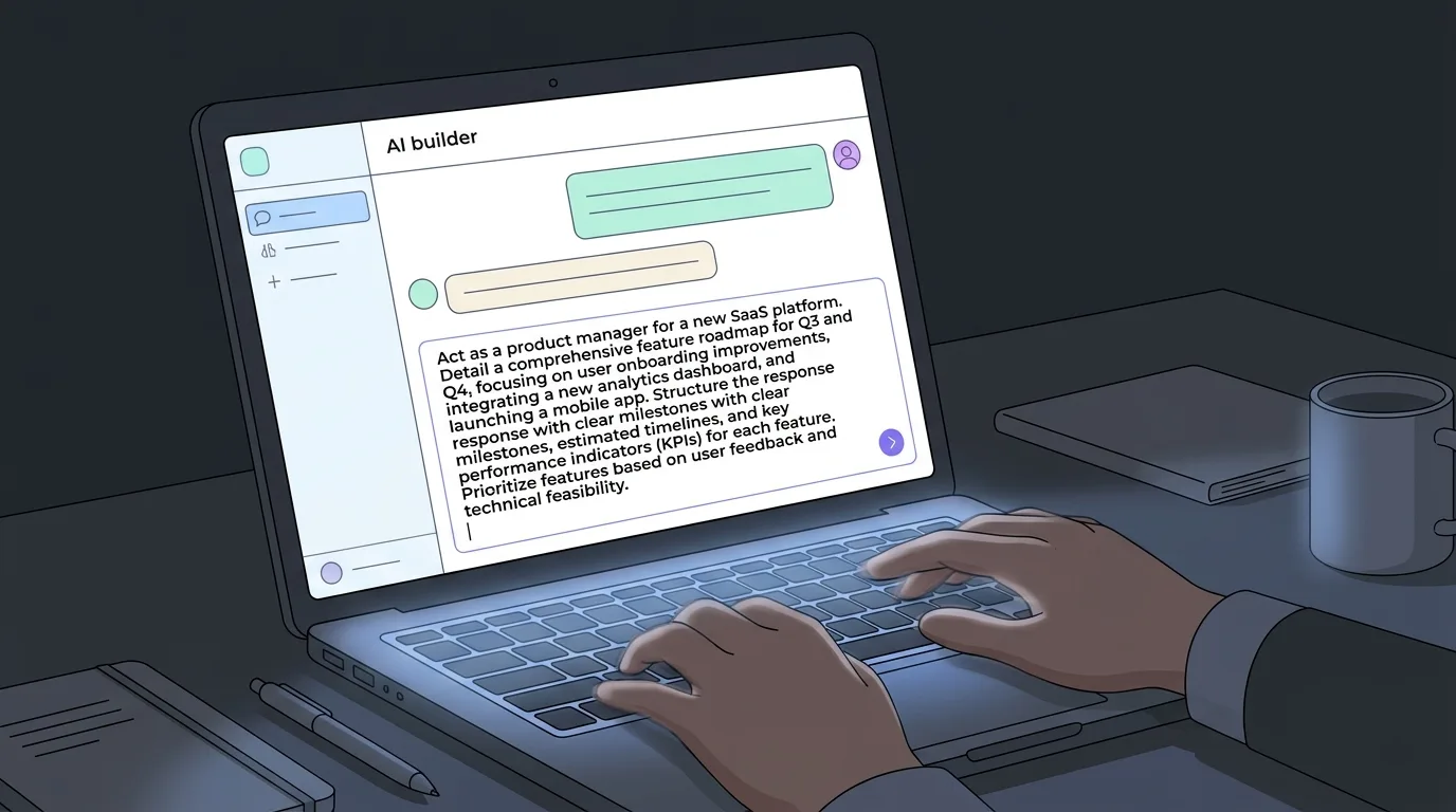 Close-up of a laptop screen at night showing a structured AI prompt being typed into a no-code website builder interface