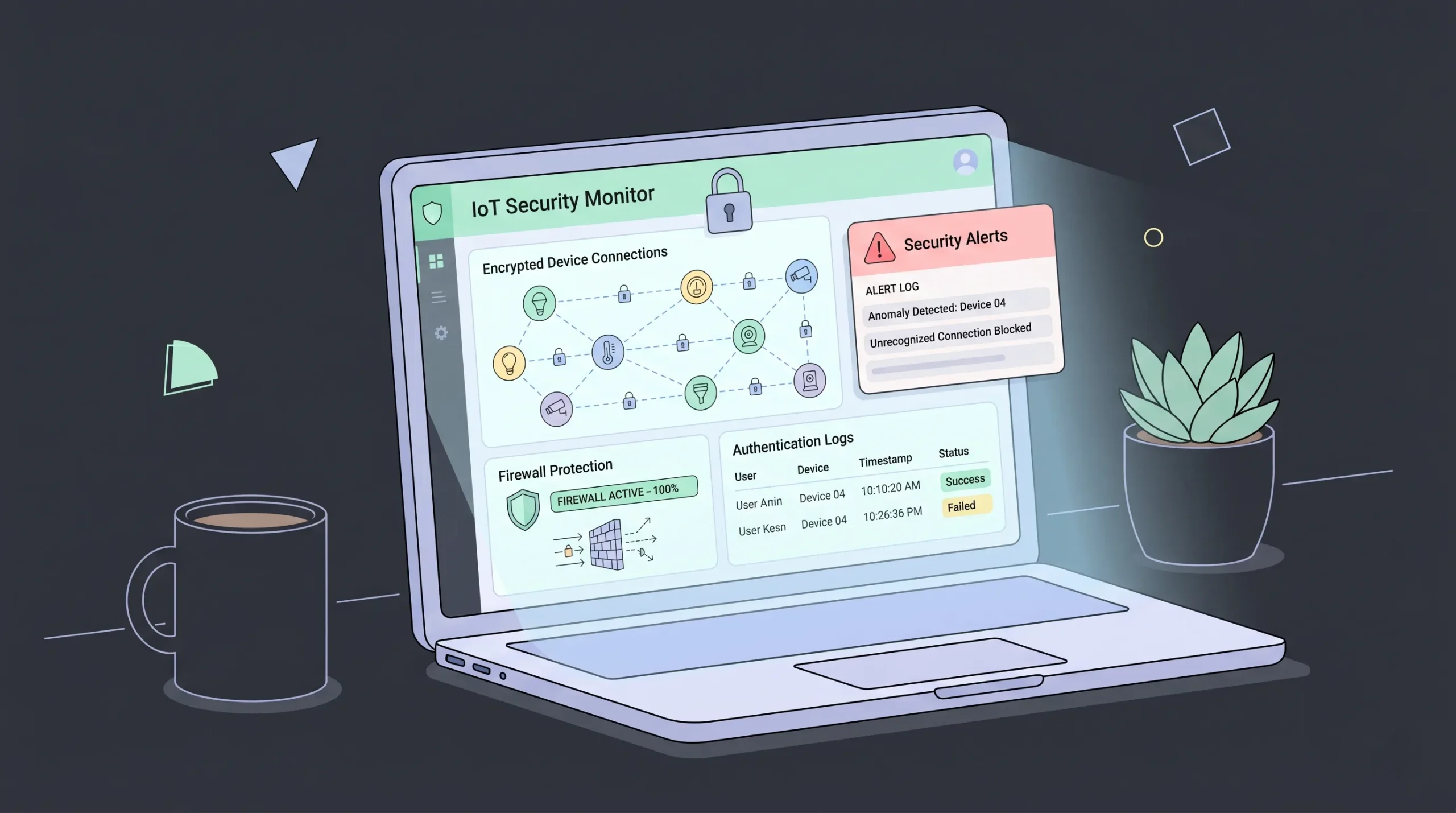 Cybersecurity dashboard protecting IoT devices and encrypted data connections.