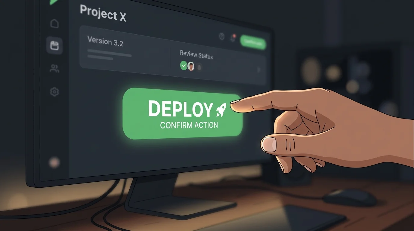 Close-up of a finger about to click the Deploy button on a no-code website builder interface, symbolizing a news site going live