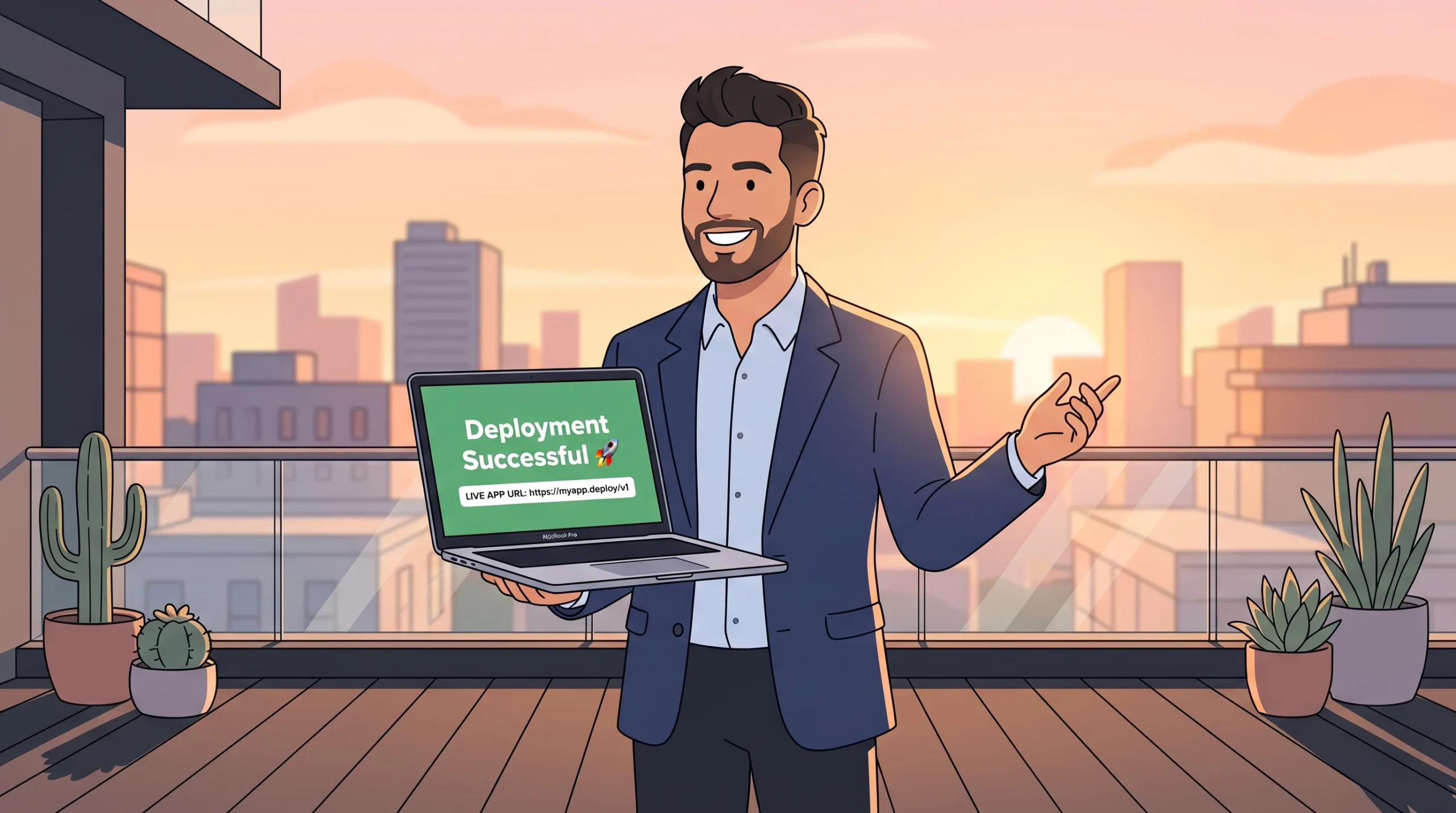 A startup founder smiling on a rooftop at golden hour, holding a laptop showing a successful app deployment screen, representing the end goal of shipping a production-ready app using a no-code platform.
