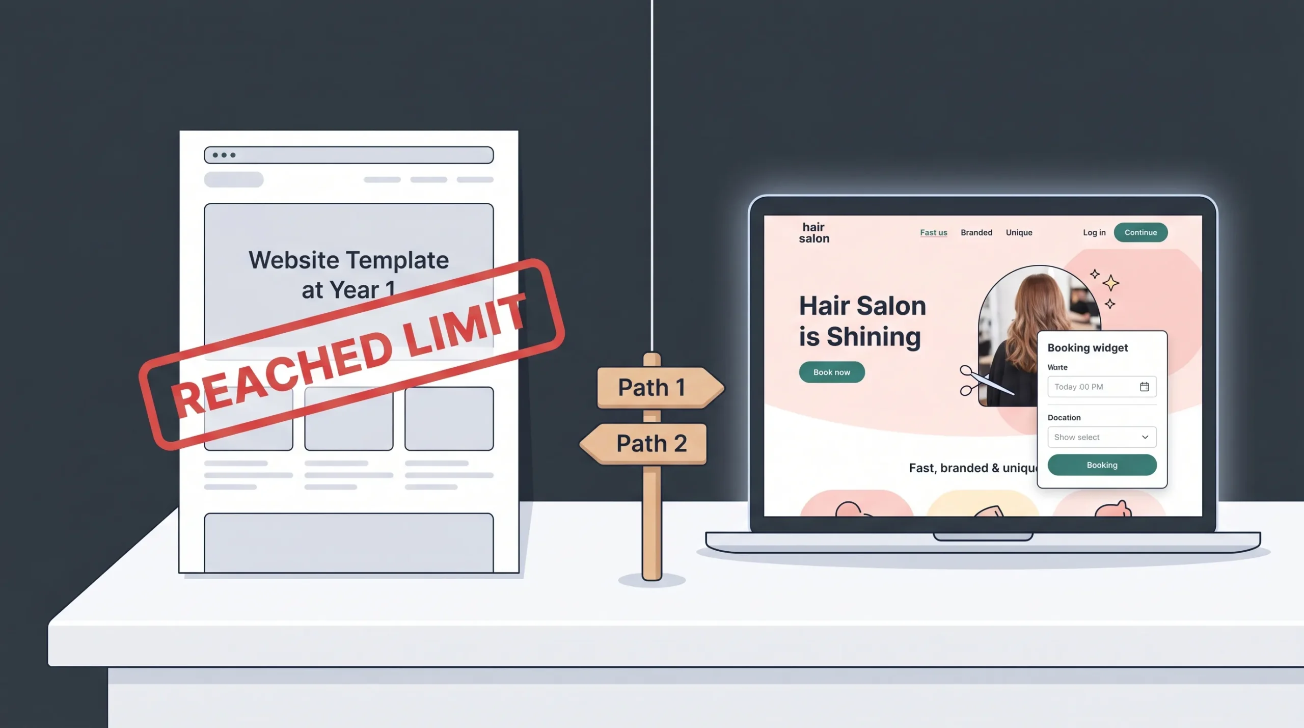 Annotated hair stylist website homepage showing five key conversion elements — booking button, portfolio, stylist profiles, service menu and Google reviews