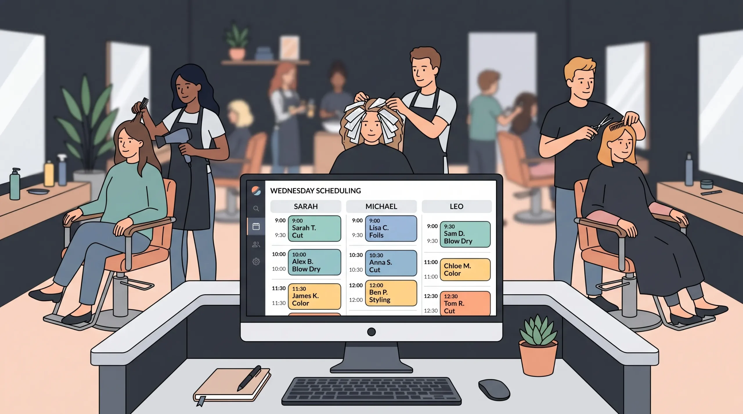 Multi-stylist salon scheduling software on a reception monitor — Vagaro is best for salons with 3 or more stylists and complex booking needs