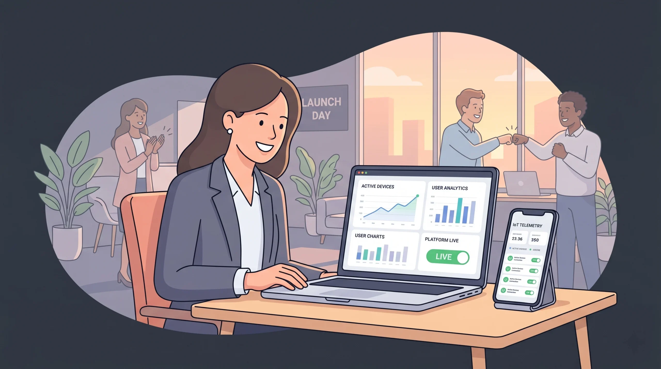 Founder launching a live IoT application with real-time device analytics and dashboards.