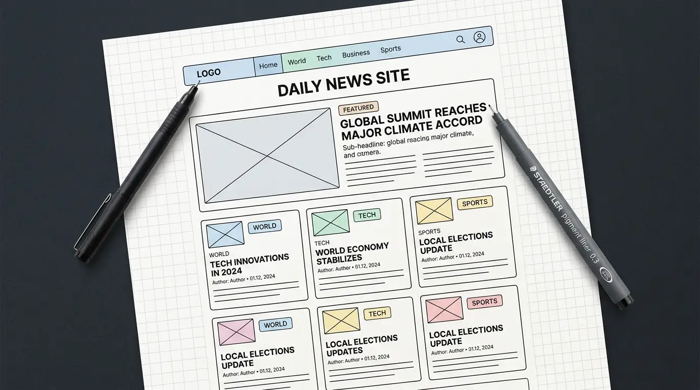 Top-down close-up of a hand-drawn wireframe sketch of a news website layout on grid paper with a pen