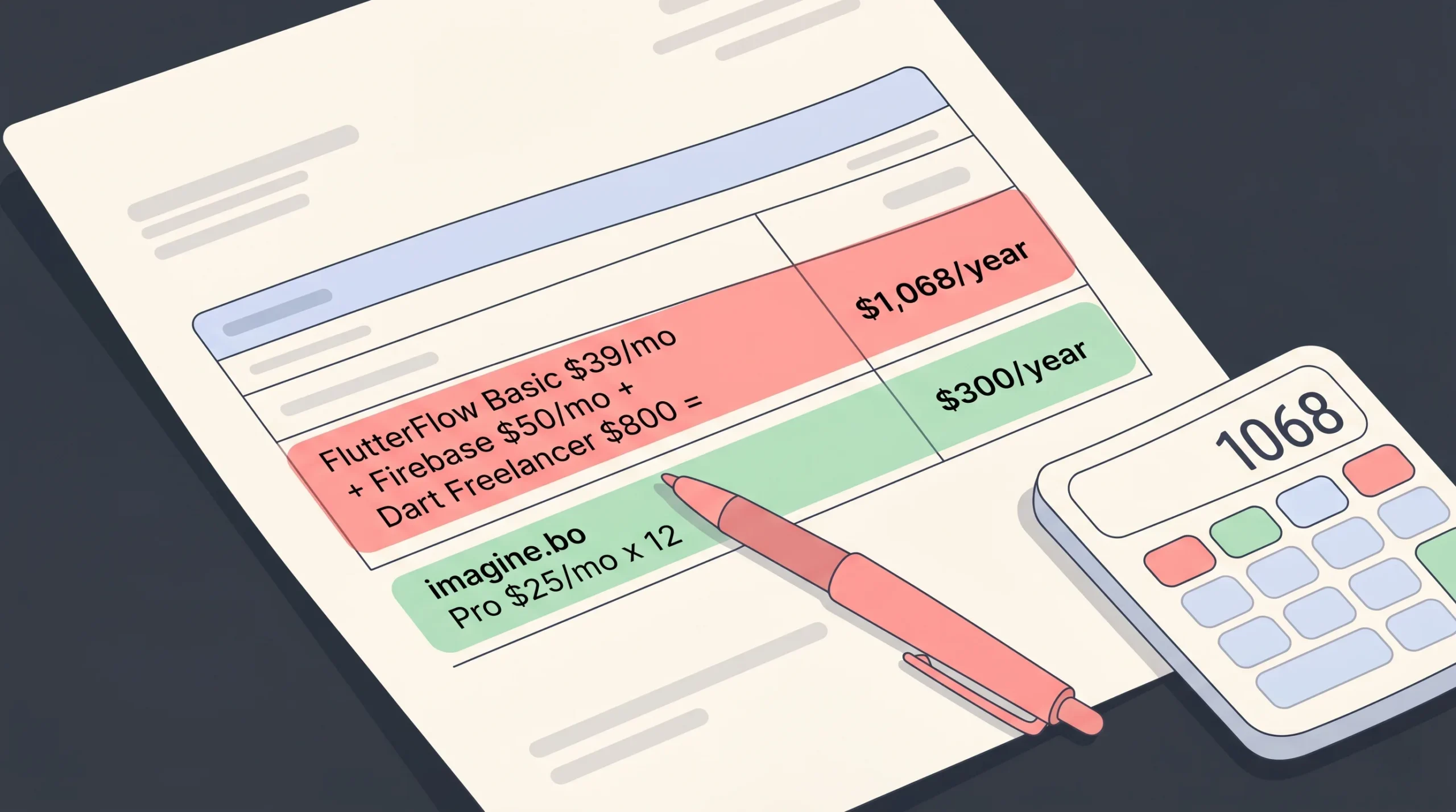 A printed cost comparison document showing FlutterFlow's total annual cost of $1,068 versus a lower-cost alternative at $300, with a red pen and calculator on a white desk.