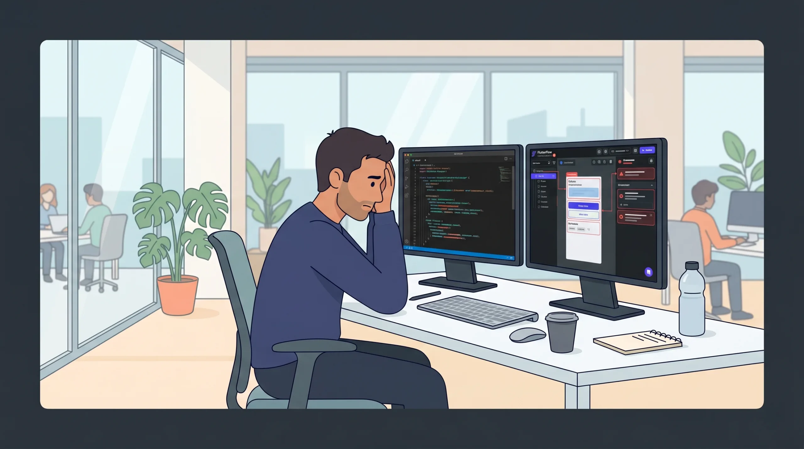 A developer frustrated while working on FlutterFlow, staring at code on dual monitors in a modern co-working office, representing the limitations of Flutter-based no-code platforms.