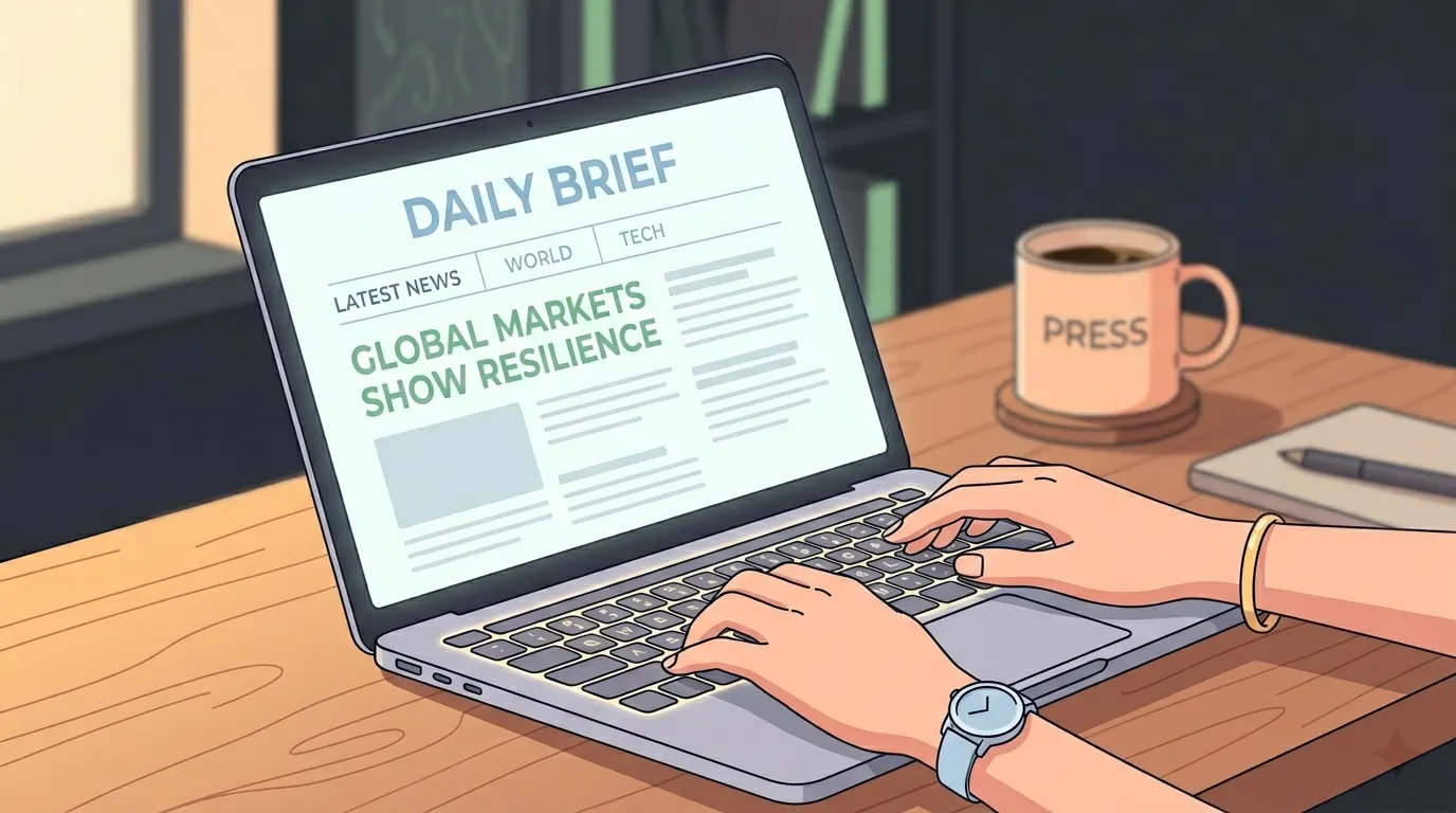 A journalist typing on a MacBook Pro building a news website, warm morning light, close-up of hands on keyboard