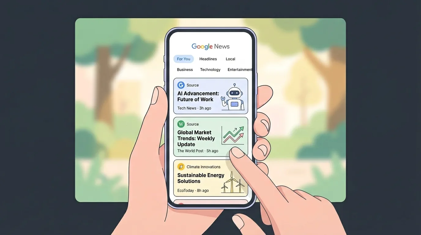 Close-up of a smartphone displaying a Google News feed with article cards, representing SEO visibility for news websites
