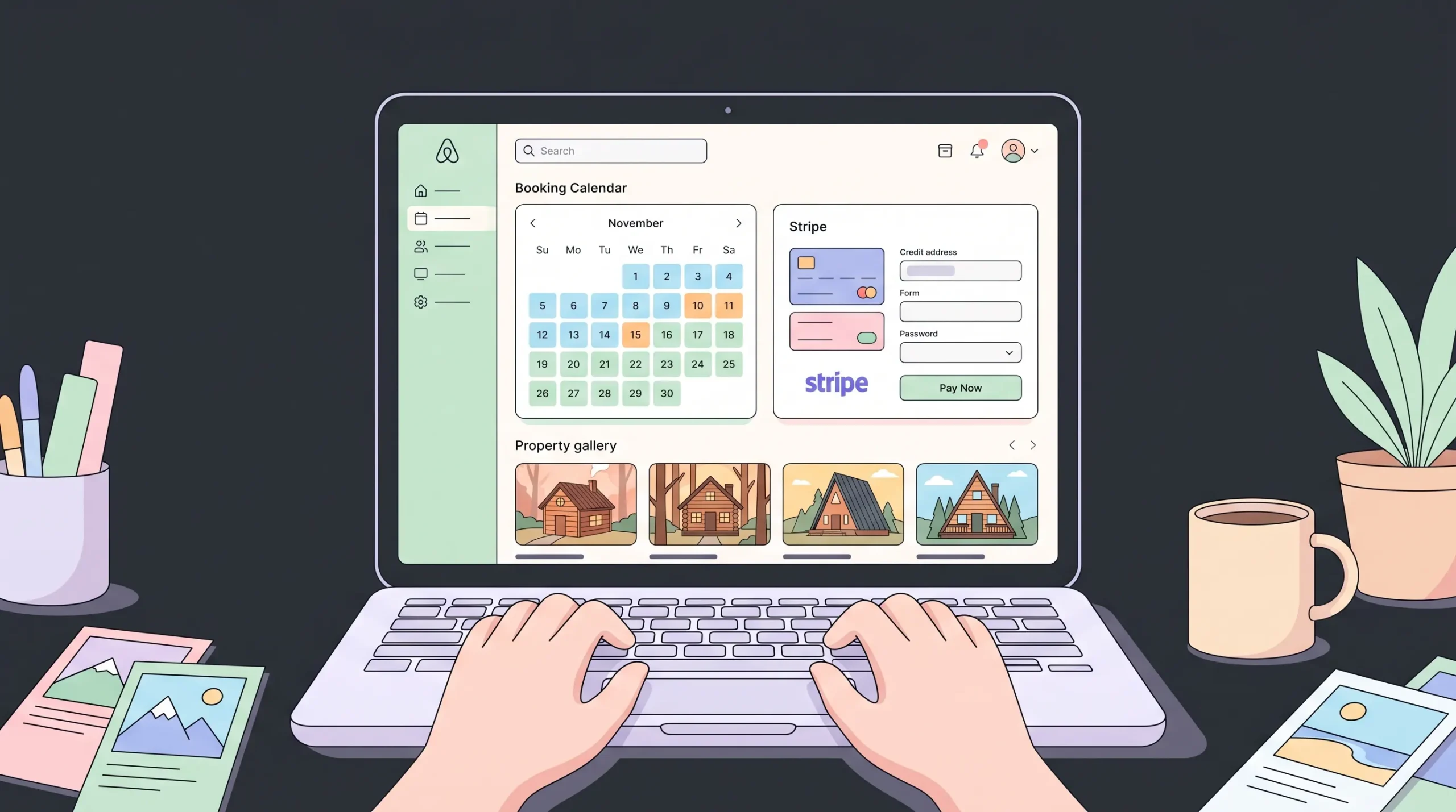 Luxury vacation rental website builder dashboard with booking calendar and payment integration on laptop screen