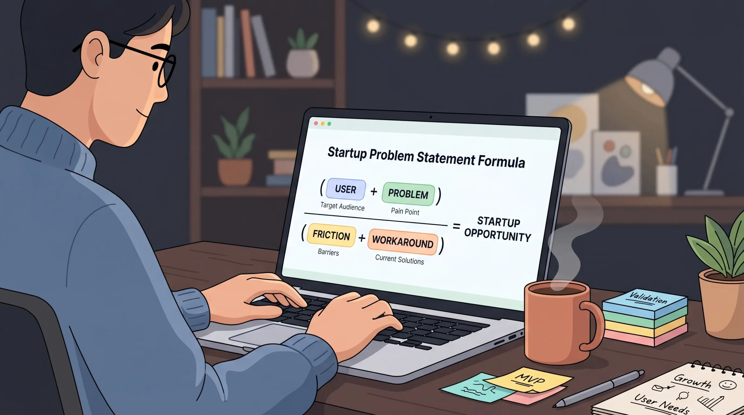 Founder writing a focused one-sentence problem statement for app validation.