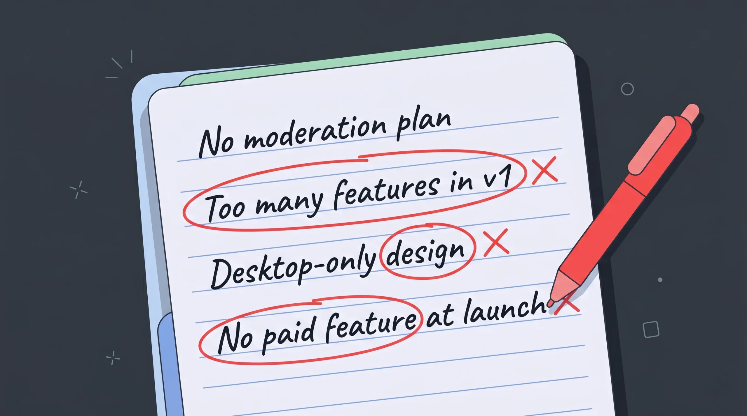 Notepad with red pen marking common mistakes when building a classified ads website including no moderation and no monetization