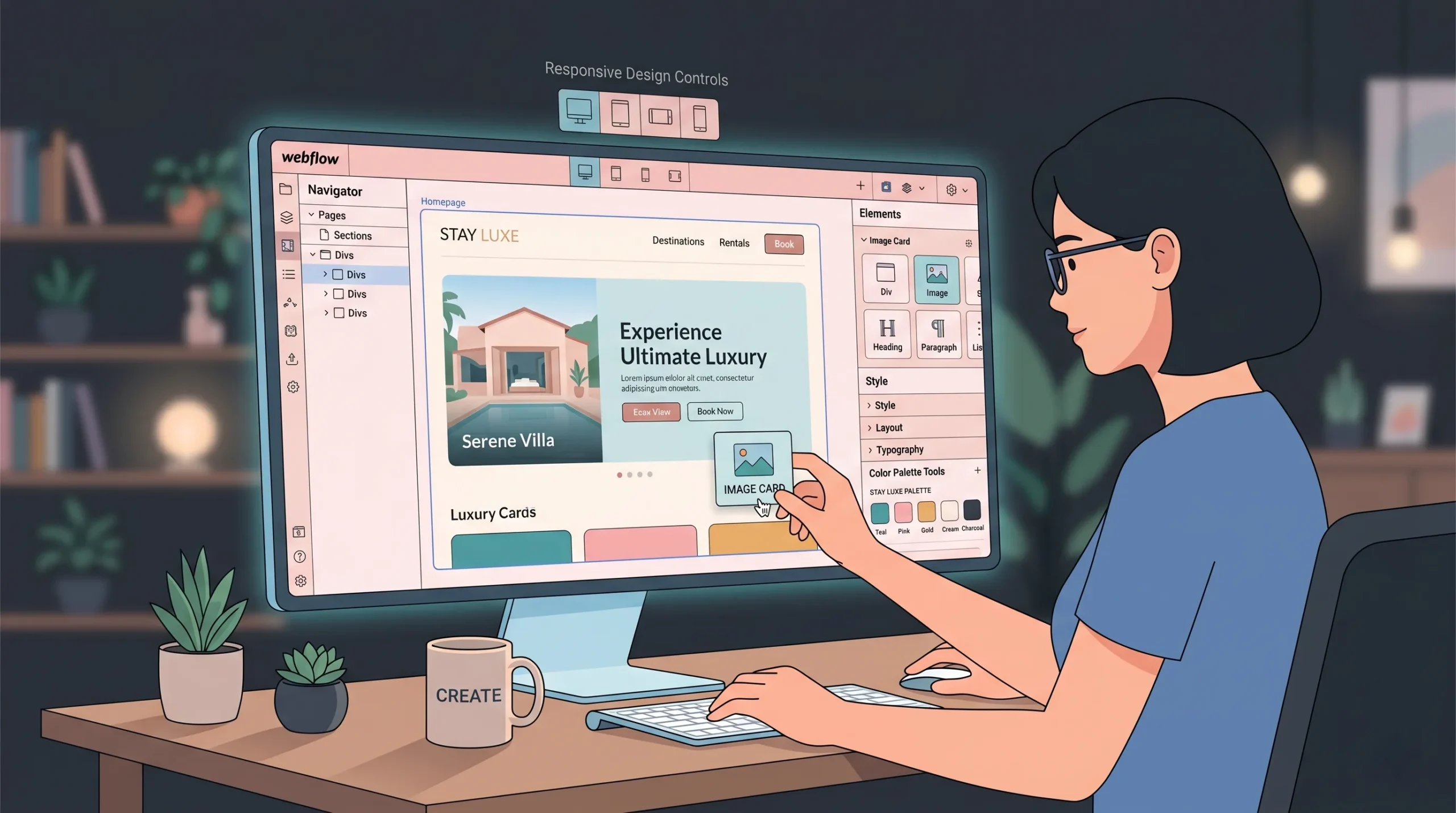 Designer customizing a luxury vacation rental website with advanced design tools