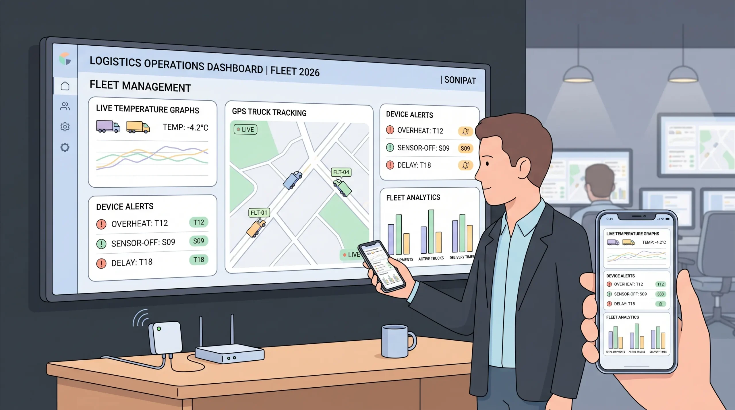 Founder monitoring a production-ready IoT dashboard with live fleet and sensor analytics on desktop and mobile.