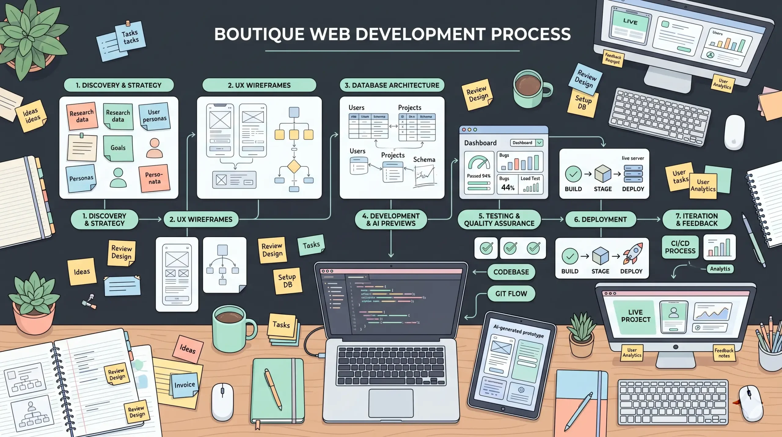Step-by-step boutique web development workflow from discovery to deployment