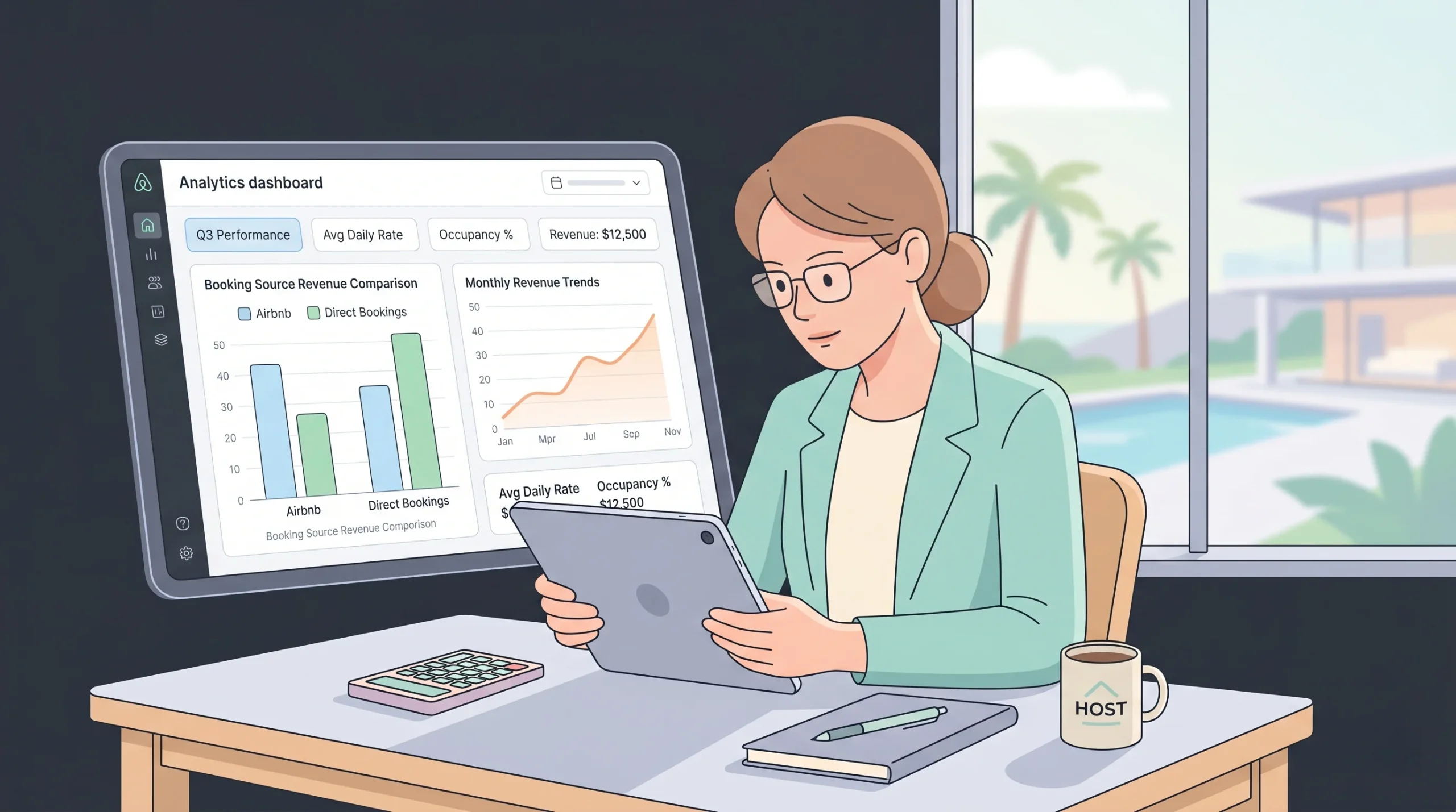 Vacation rental owner comparing OTA commissions and direct booking revenue analytics