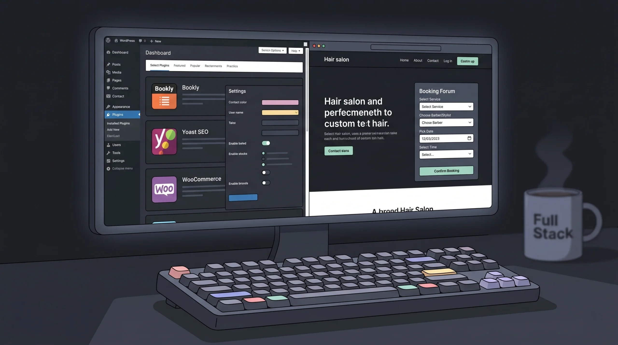 WordPress backend dashboard showing booking and SEO plugins for a hair salon website — WordPress offers maximum control for technical stylists