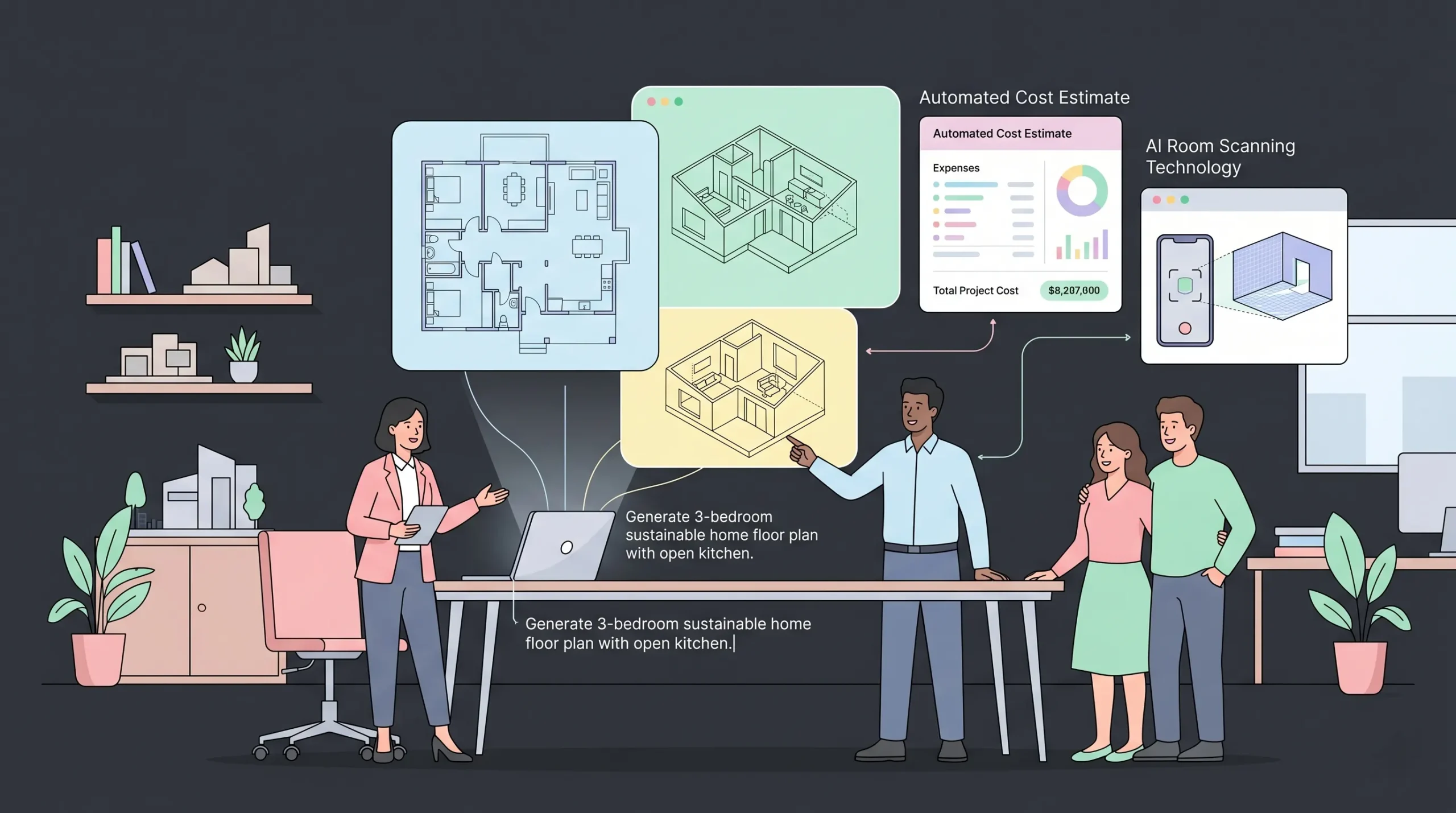 AI-powered home building tools generating floor plans, cost estimates, and room scans in 2026.
