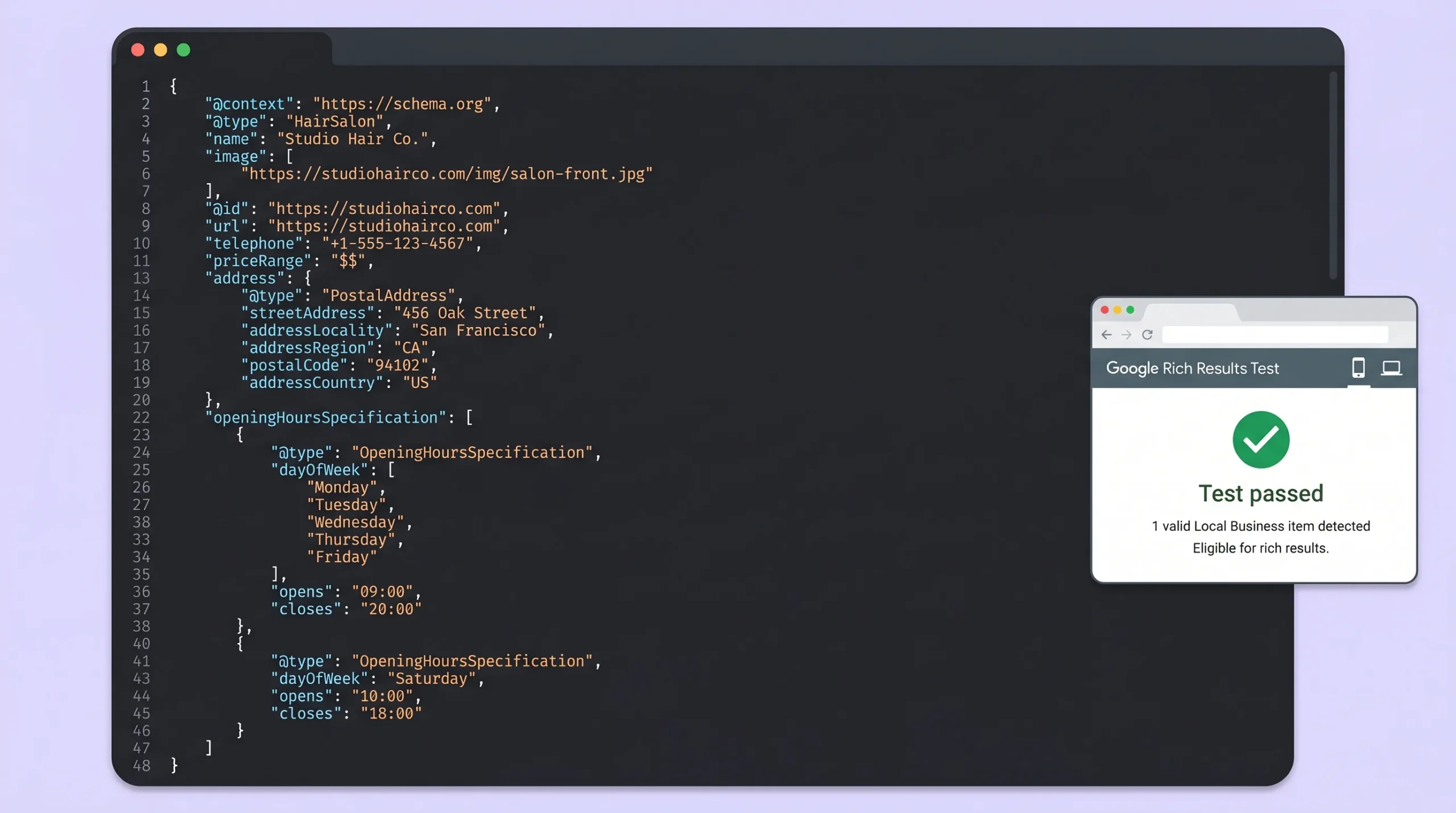 JSON-LD HairSalon schema markup in a code editor with Google Rich Results Test passing — structured data helps hair salon websites rank in local search