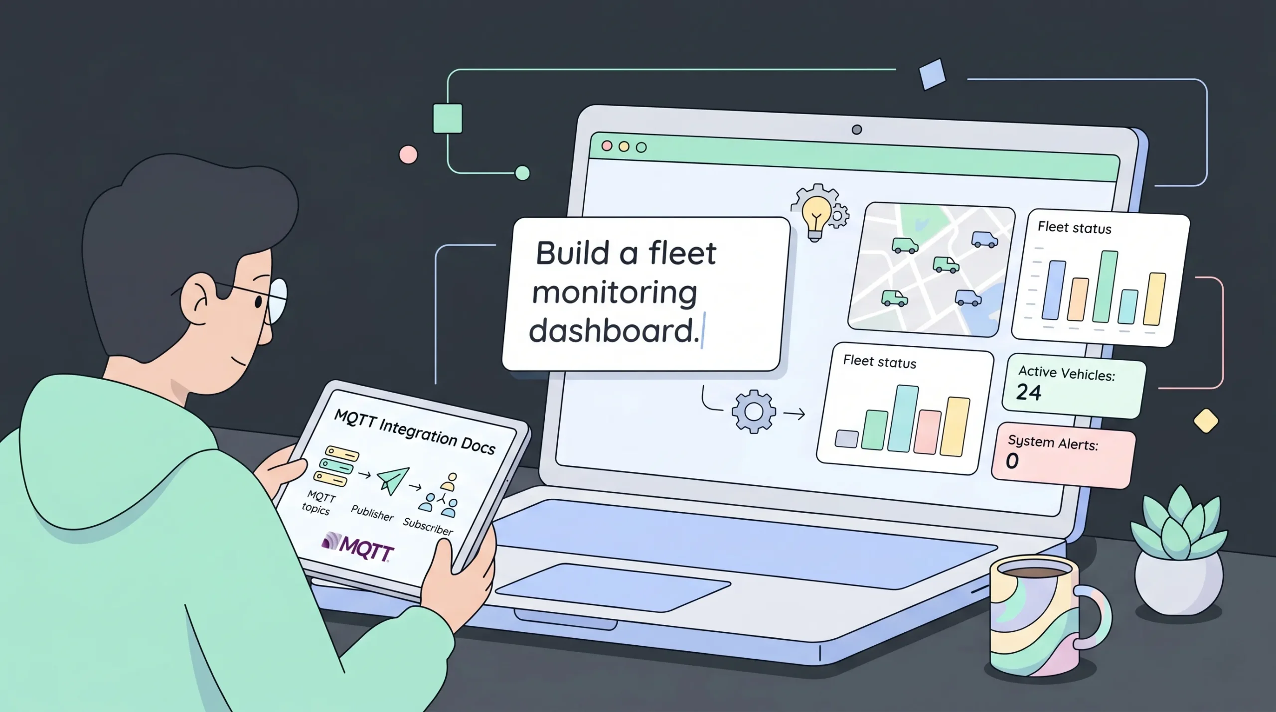 AI-generated IoT application dashboard being built from a natural language prompt.