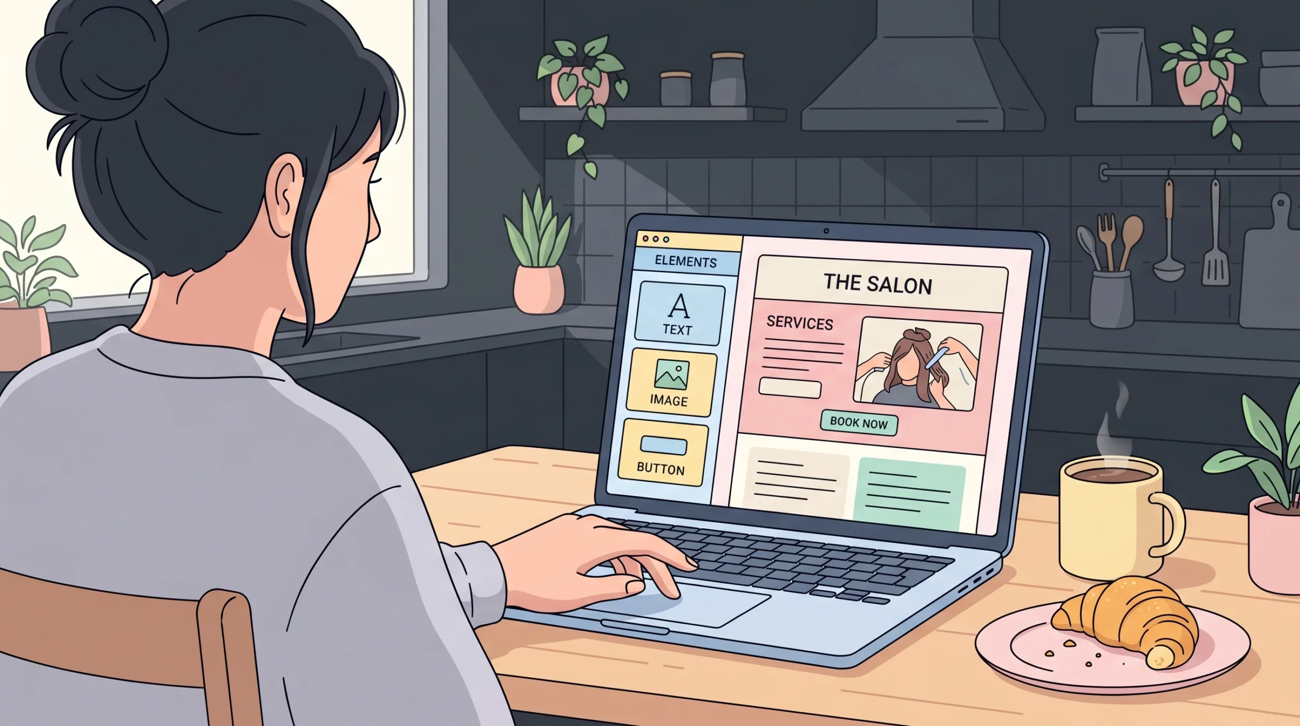 Beginner using a drag-and-drop website builder to create a hair stylist website — Wix is the easiest DIY salon website builder in 2026