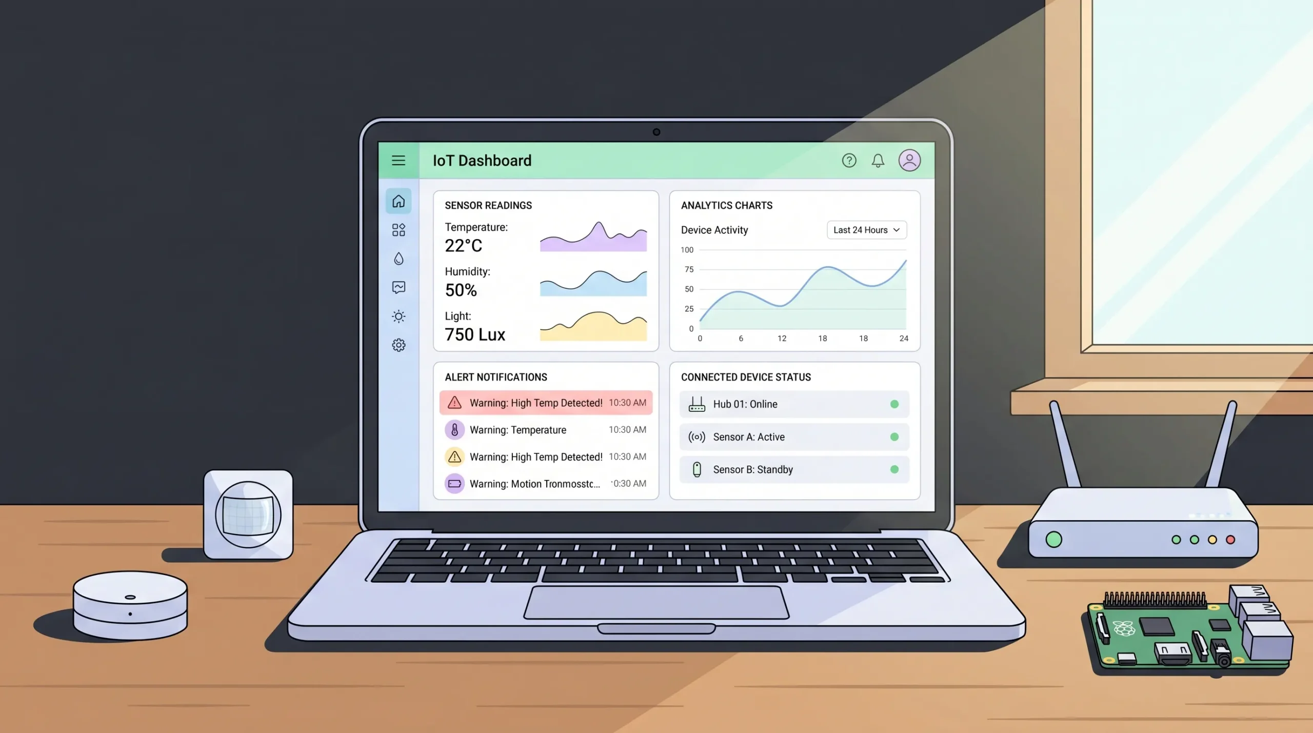 IoT dashboard showing real-time sensor data, device status, and analytics in a real workspace.