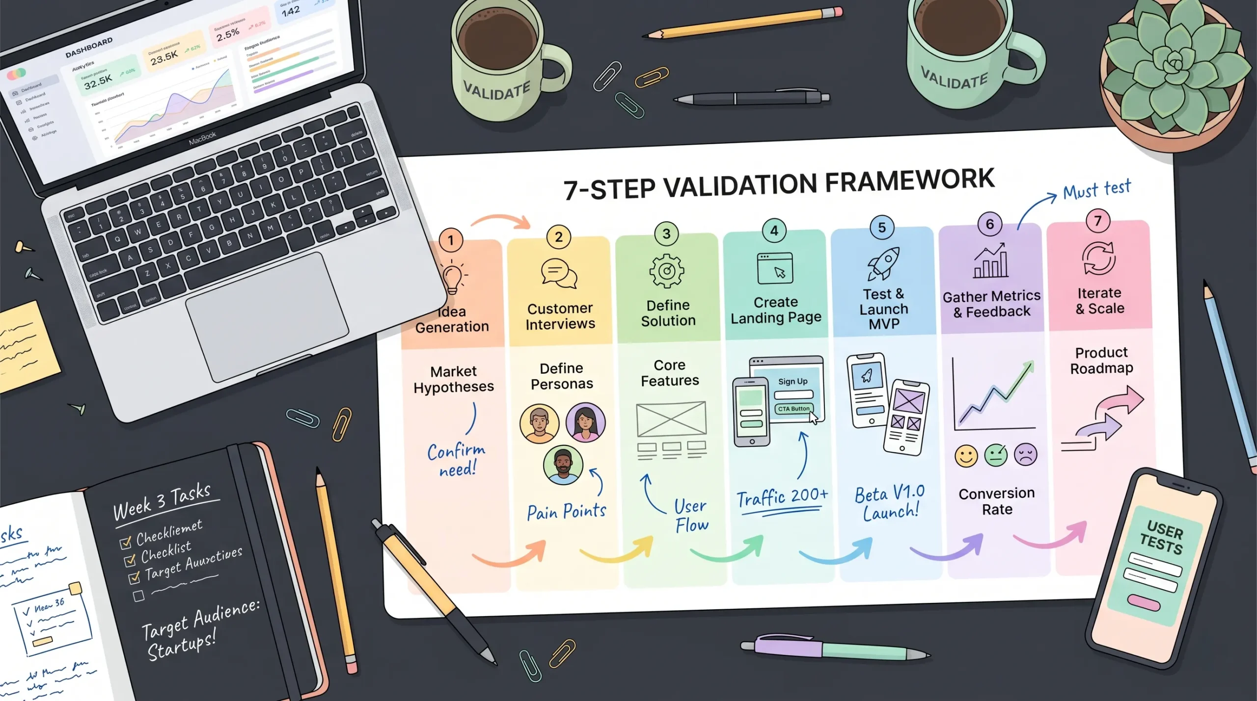 Visual roadmap of a 7-step app idea validation framework with interviews, testing, and prototype stages.