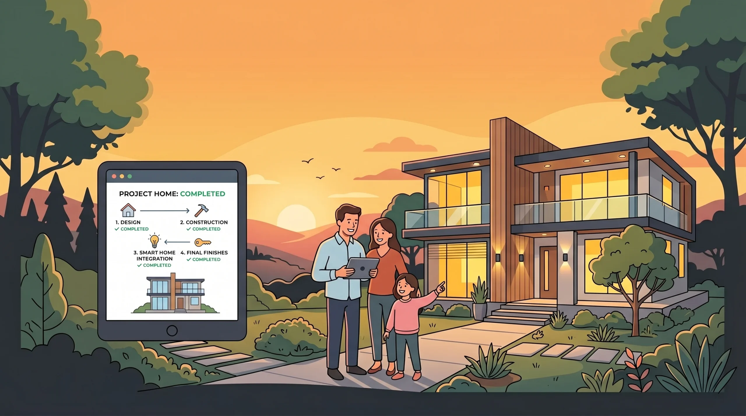 Family celebrating their completed smart home after successfully managing the project with modern home building apps.