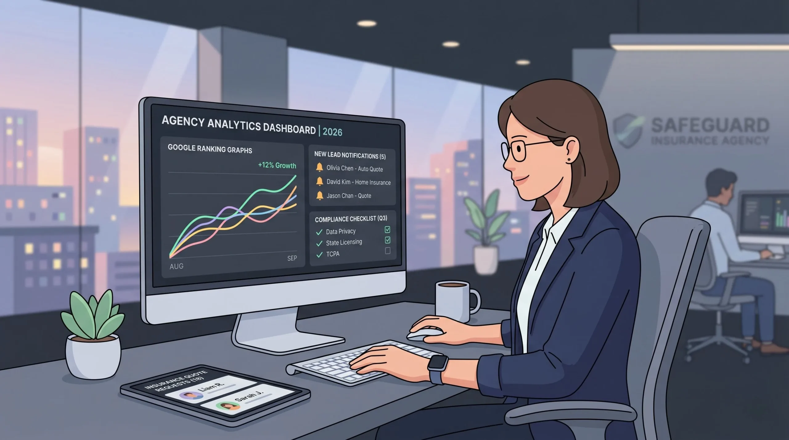 Insurance agency team reviewing SEO rankings, lead generation analytics, and compliance dashboards in a modern office.