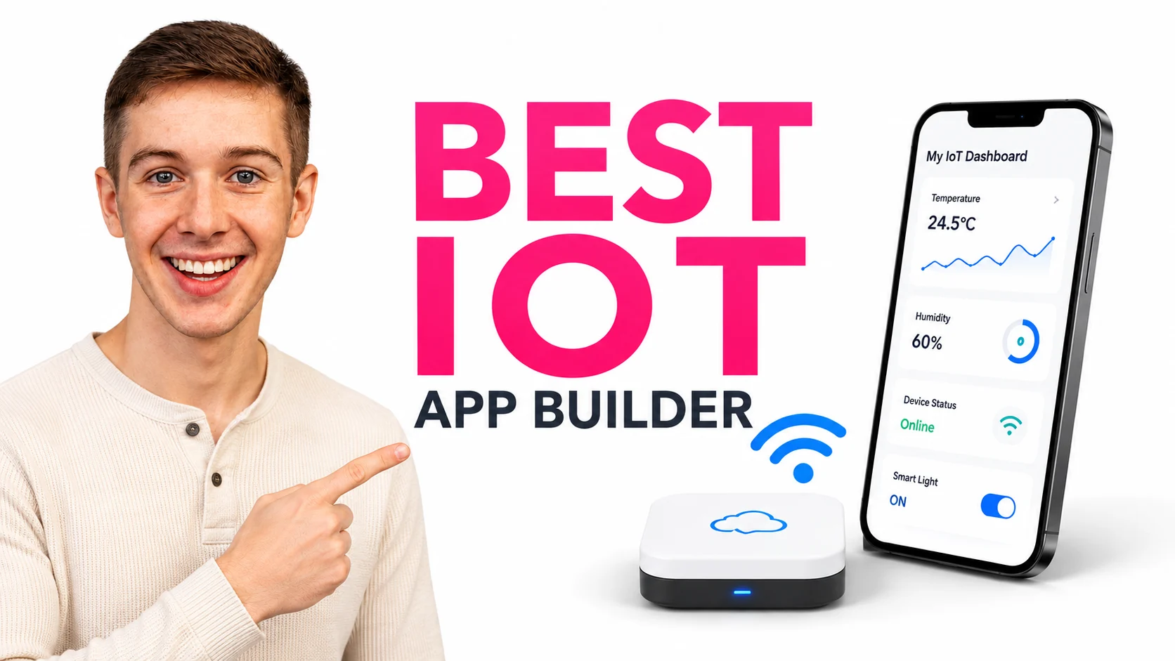 A Smiling men showing the best iot app builder.