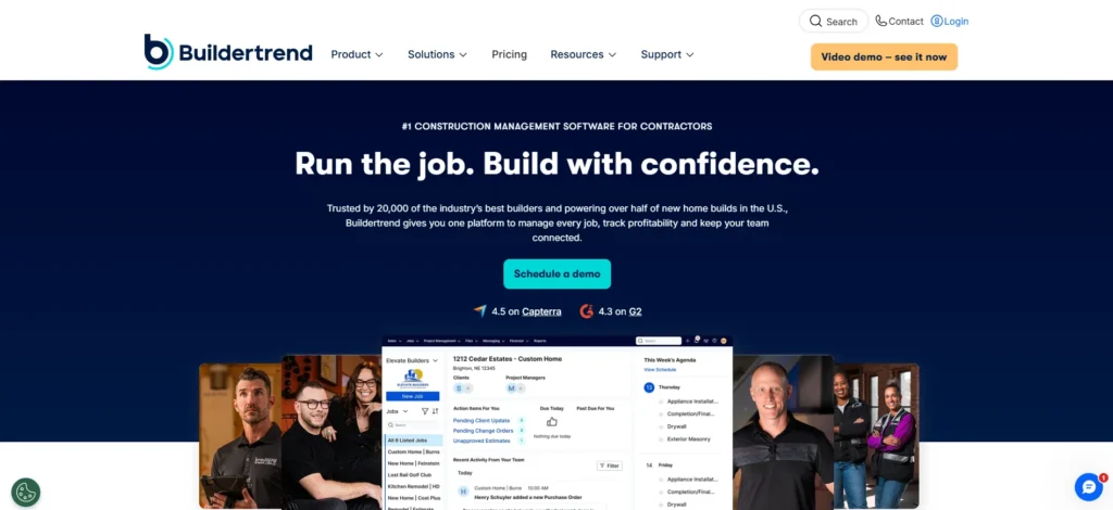 Buildertrend homepage showcasing its construction management software platform for professional contractors.