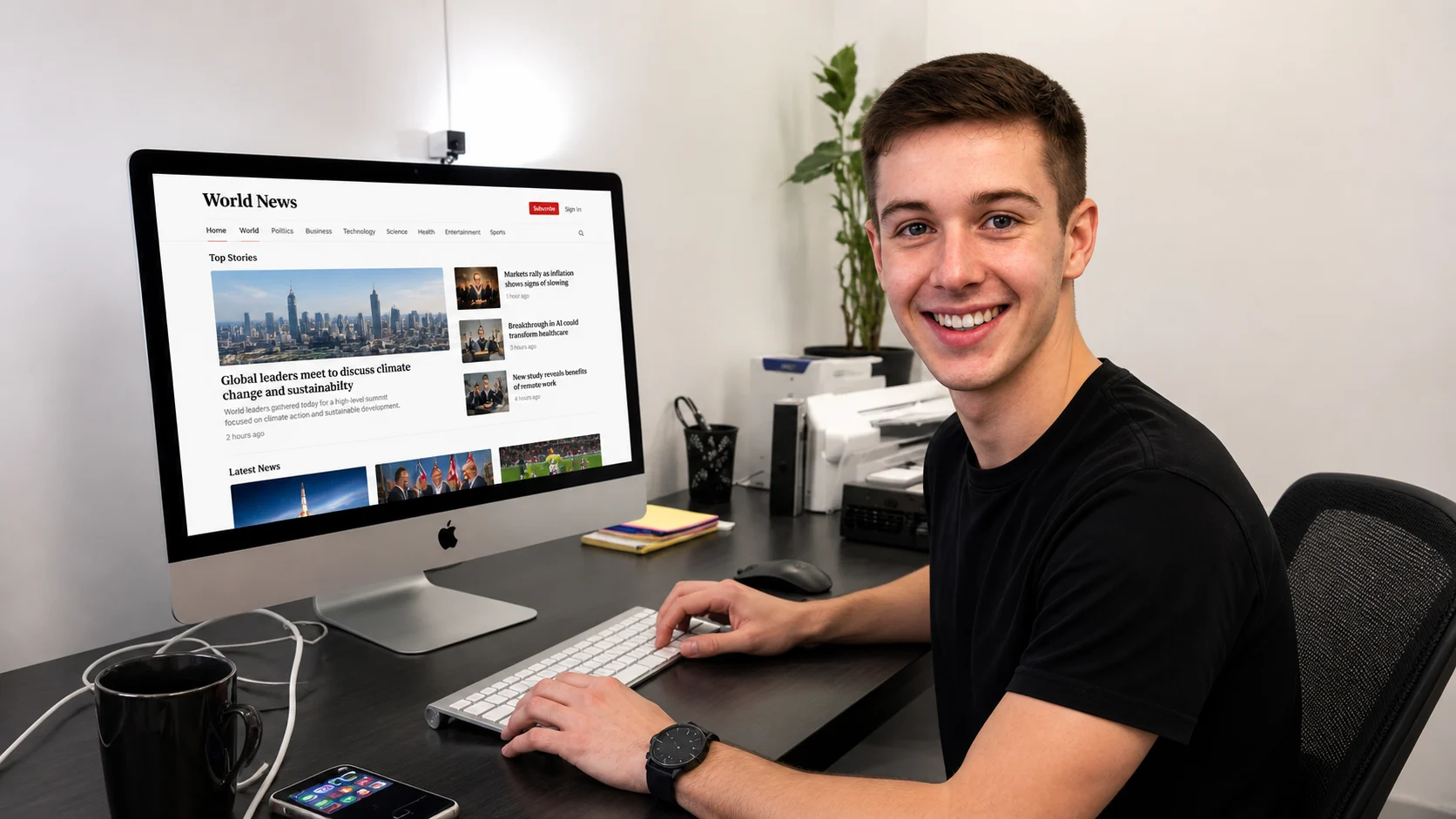 A person showing a news website build with AI