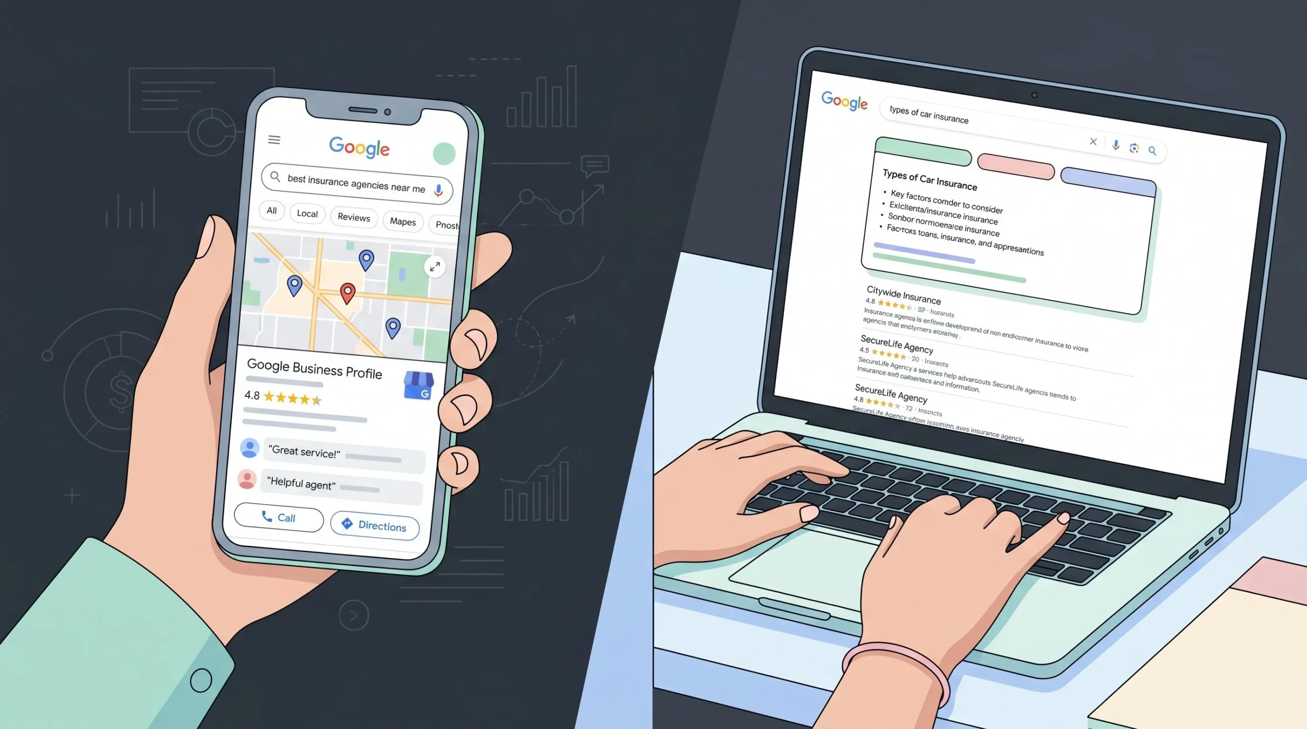 Customer searching for local insurance agencies online using Google and AI search tools