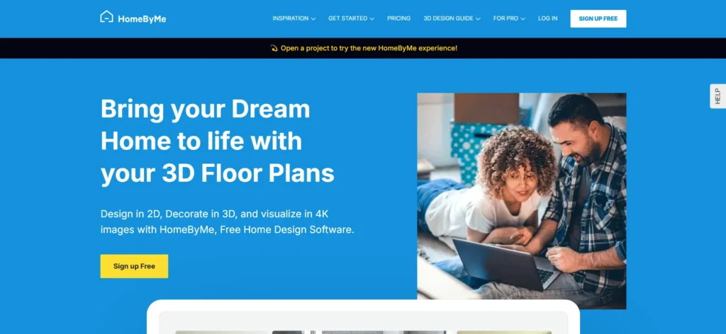 HomeByMe homepage showing a couple using 3D home design and floor plan software.