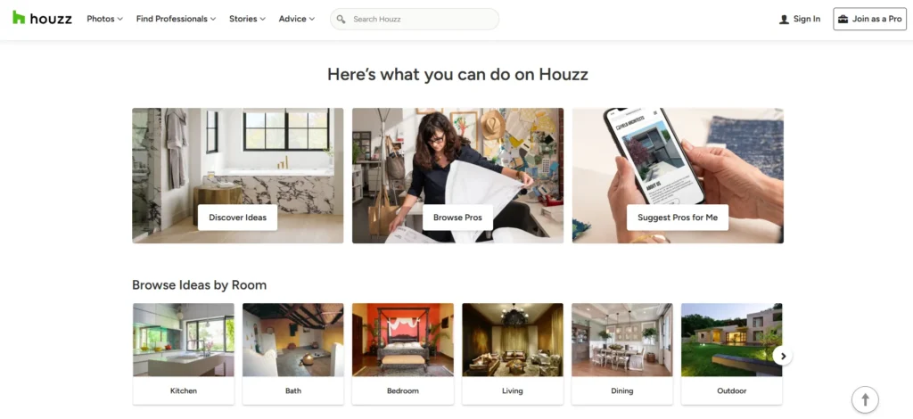 Houzz website homepage for home design inspiration, professional services, and browsing ideas by room.