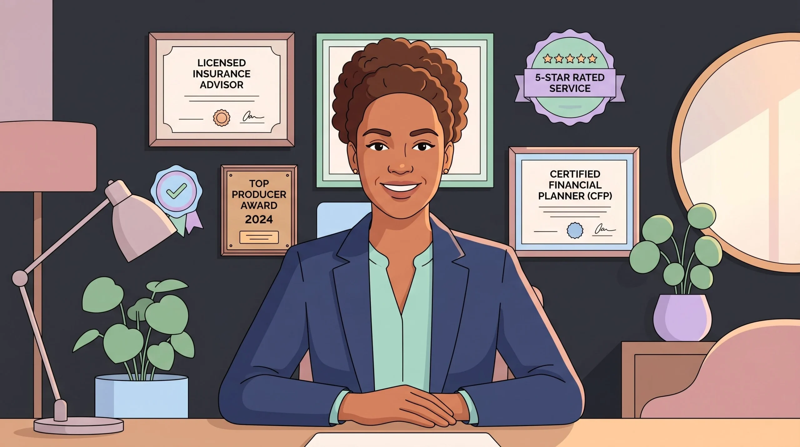 Licensed insurance agent with certifications and trust signals in office
