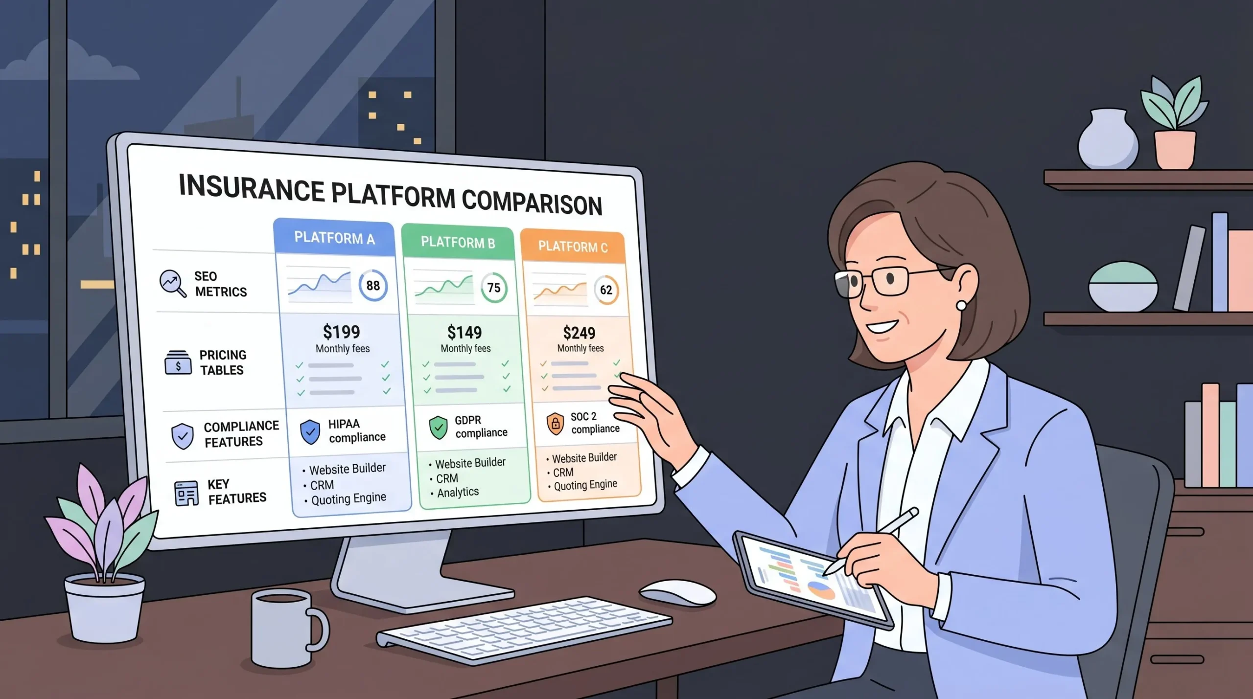 Insurance agency owner comparing SEO platforms and website builders