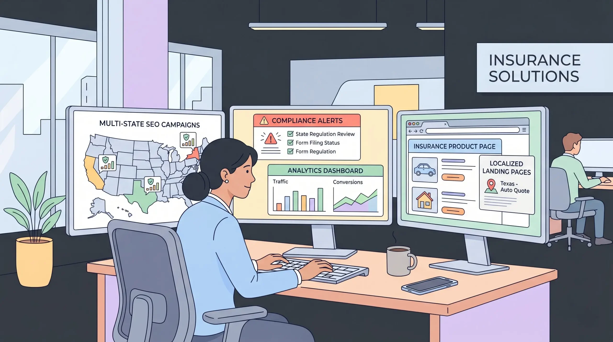Insurance agency managing multi-state SEO pages and compliance requirements