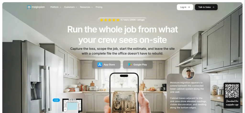 magicplan homepage showing its mobile app for on-site job management and floor plan creation.