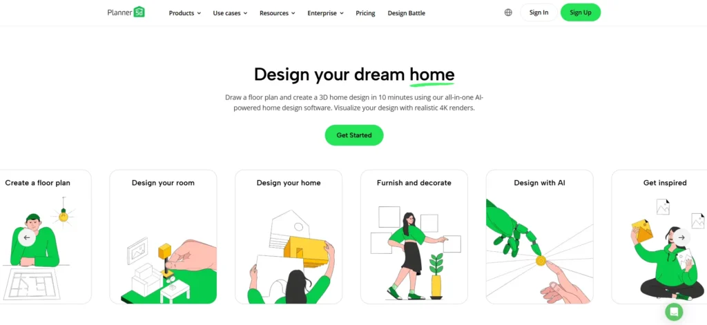 Planner 5D homepage showcasing AI-powered 3D home design software and floor plan creation tools.