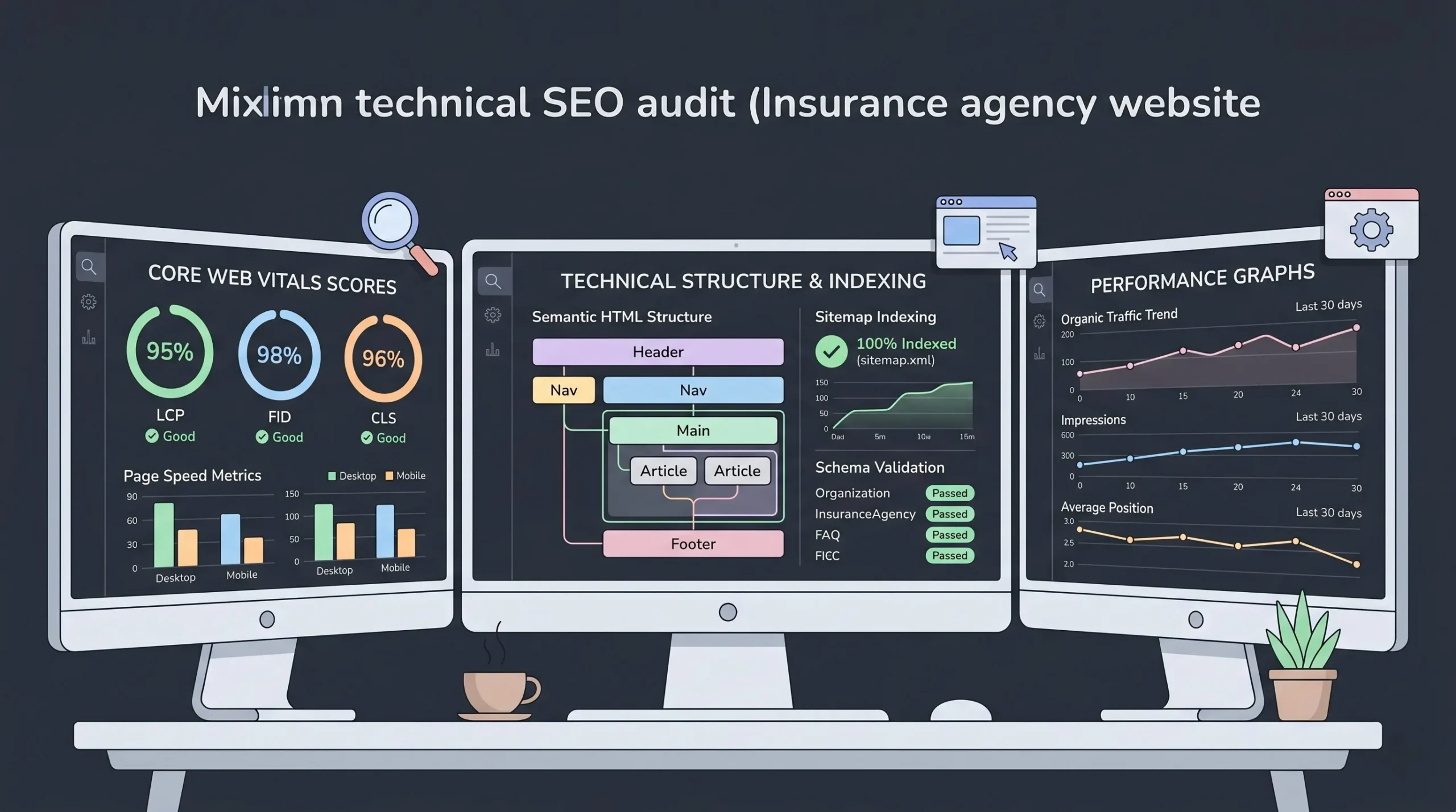 Technical SEO audit dashboard showing Core Web Vitals and website optimization.