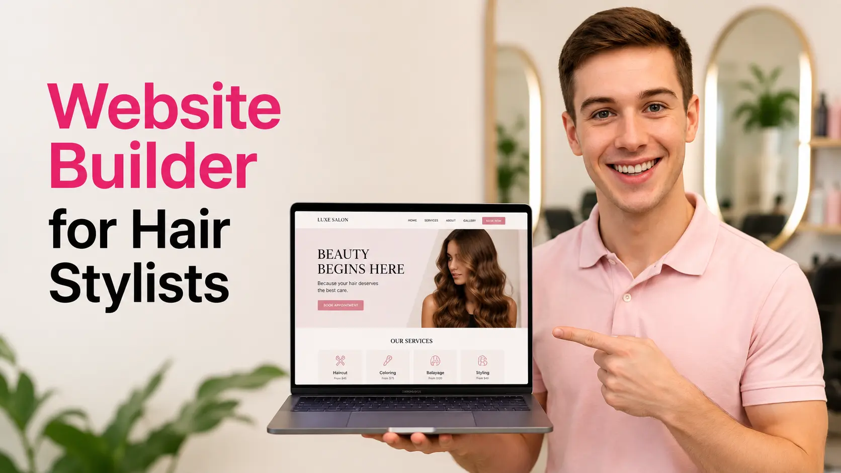 A person showing a beautiful salon website build by a no code AI website builder.