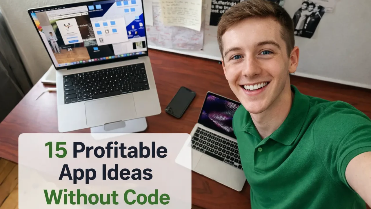 Young man in a green polo shirt taking a selfie at a desk with two laptops and a phone, with the text “15 Profitable App Ideas Without Code” displayed on the image.