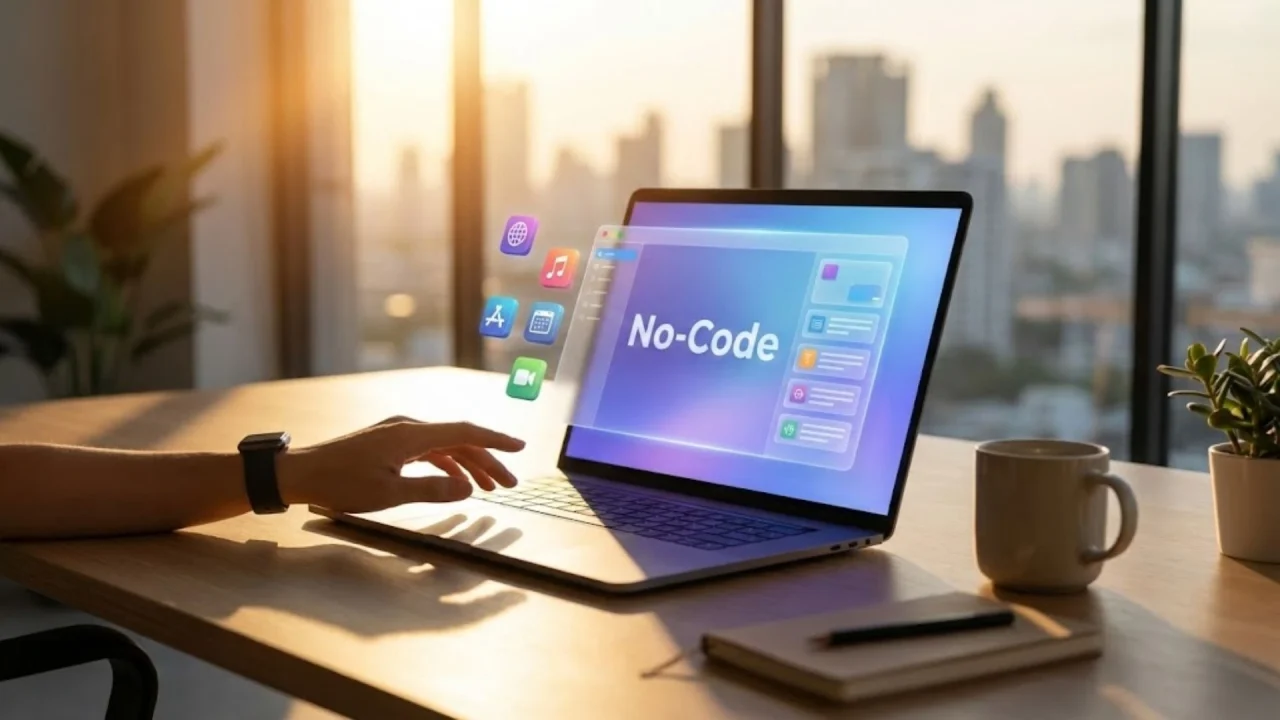 Choosing Your No Code AI Builder, hand on laptop display showing No Code