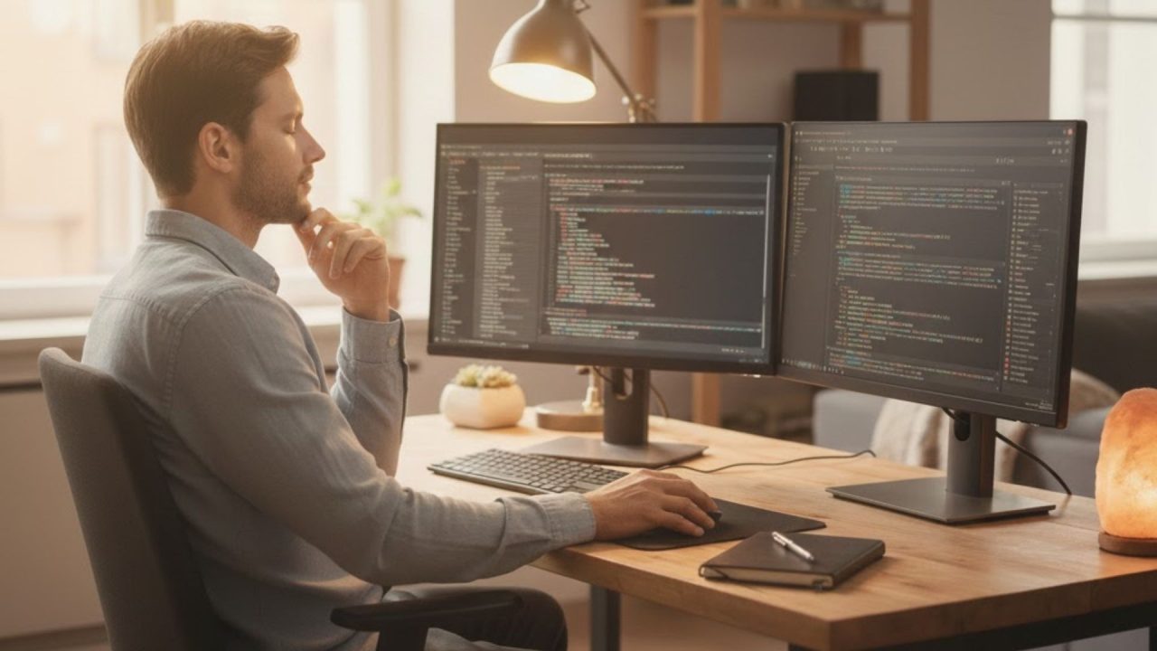 a devloper debugging the big code problem solving peacefull by AI