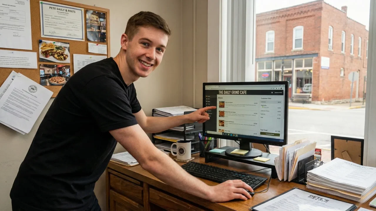 Man pointing at cafe menu online.