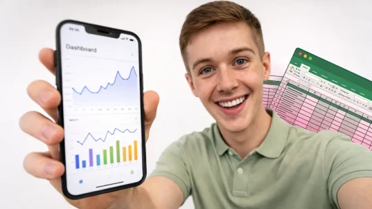 Smiling person holding smartphone showing AI built app replacing spreadsheets.
