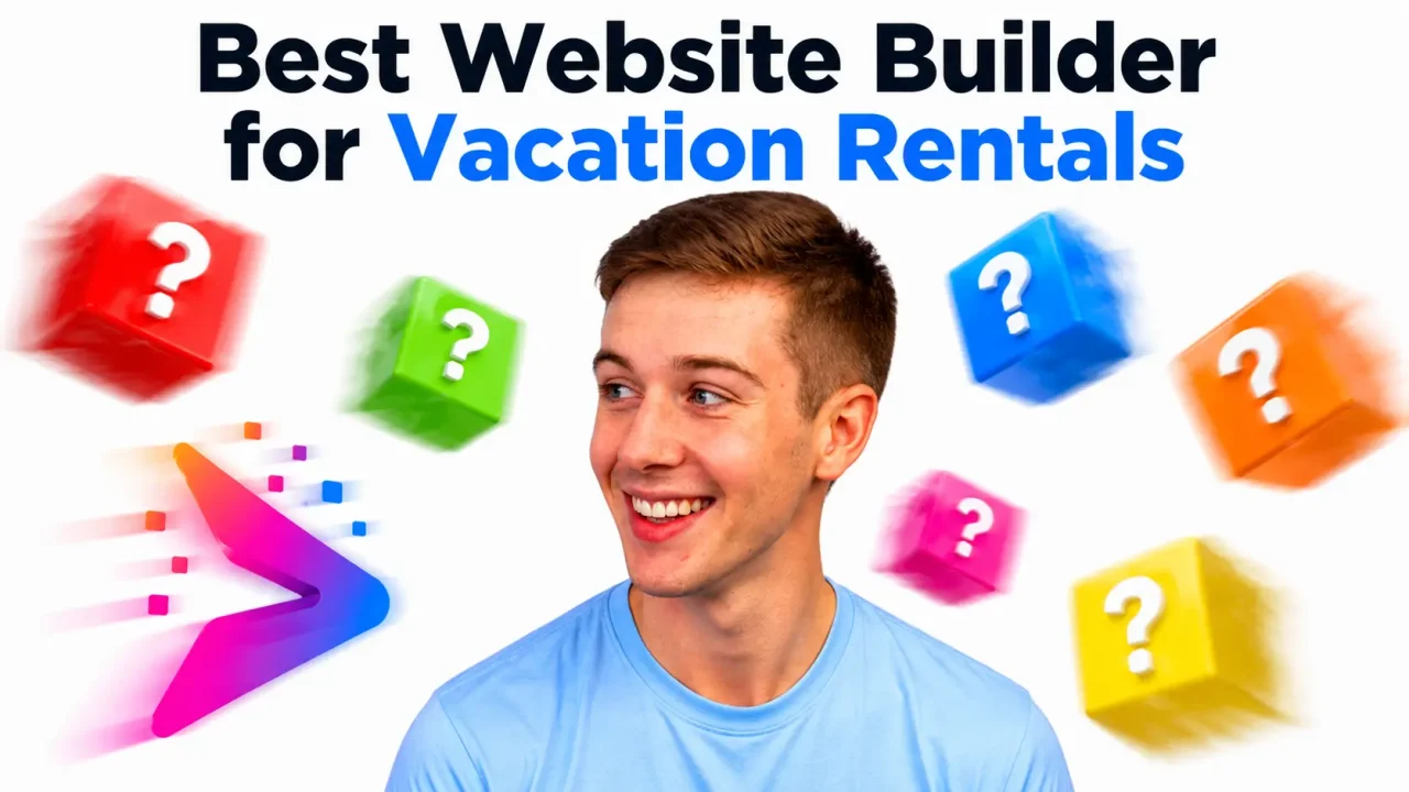 a smiling person showing website builder for vacation rentals