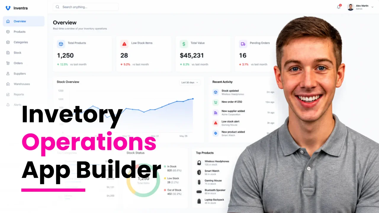 a person smiling and on the background show app builders best for inventory and service app.